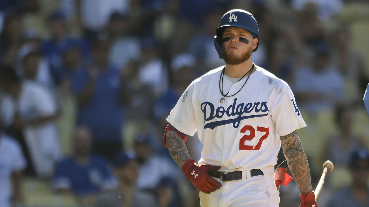 LOS ANGELES, CA - AUGUST 04: Alex Verdugo #27 of the Los Angeles Dodgers goes up to bat against the San Diego Padres in the ninth inning at Dodger Stadium on August 4, 2019 in Los Angeles, California. Dodgers won 11-10.