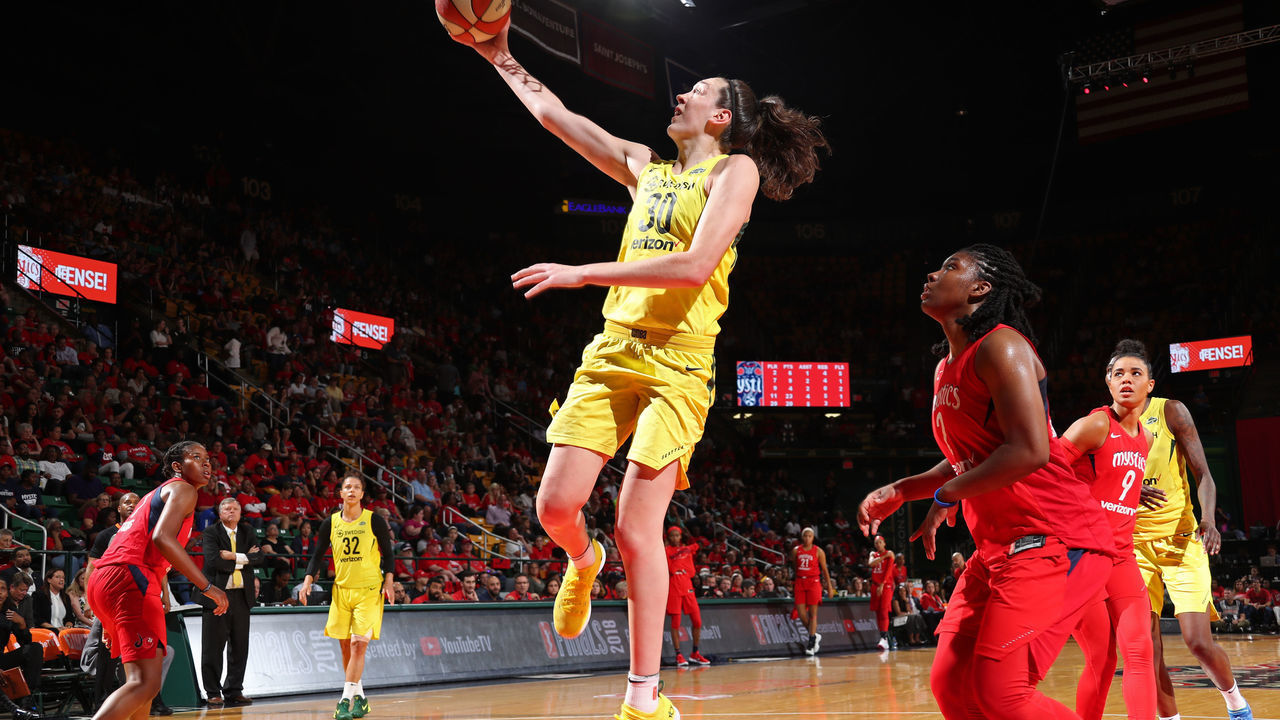 WASHINGTON D.C - SEPTEMBER 12: Breanna Stewart #30 of the Seattle Storm drives to the basket against the Washington Mystics during Game Three of the 2018 WNBA Finals on September 12, 2018 at George Mason University in Washington D.C. NOTE TO USER: User expressly acknowledges and agrees that, by downloading and/or using this Photograph, user is consenting to the terms and conditions of Getty Images License Agreement. Mandatory Copyright Notice: Copyright 2018 NBAE