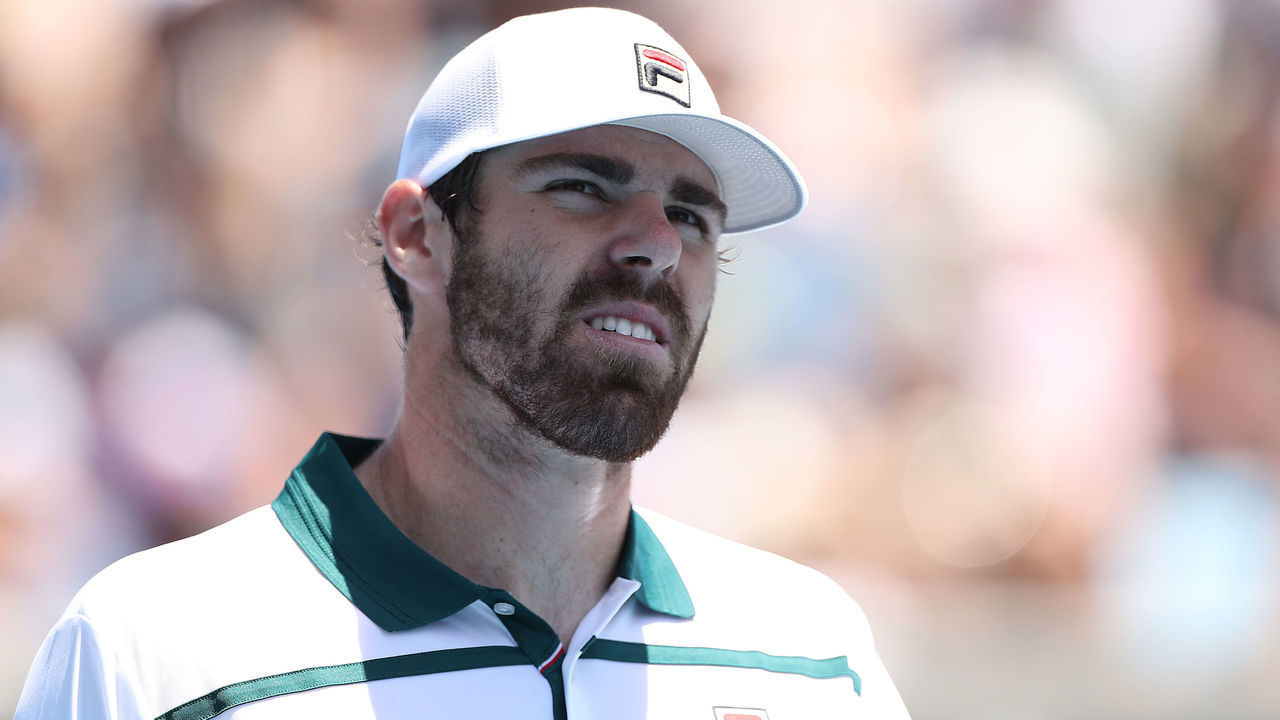 MELBOURNE, AUSTRALIA - JANUARY 21: Reilly Opelka of the United States looks on during his Men's Singles first round match against Fabio Fognini of Italy on day two of the 2020 Australian Open at Melbourne Park on January 21, 2020 in Melbourne, Australia.