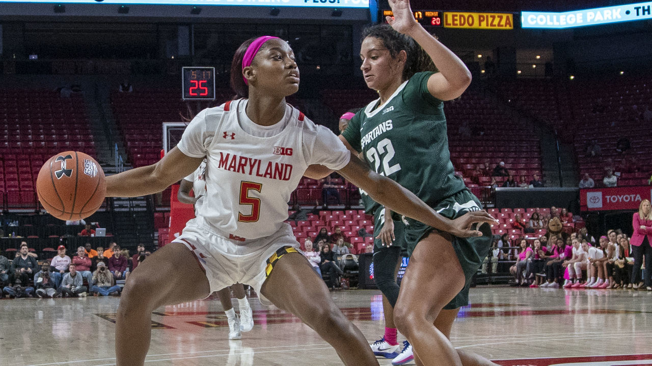 COLLEGE PARK, MD - FEBRUARY 03: Kaila Charles #5 of Maryland holds the ball away from Moira Joiner #22 of Michigan State during a game between Michigan State and Maryland at Xfinity Center on February 03, 2020 in College Park, Maryland.