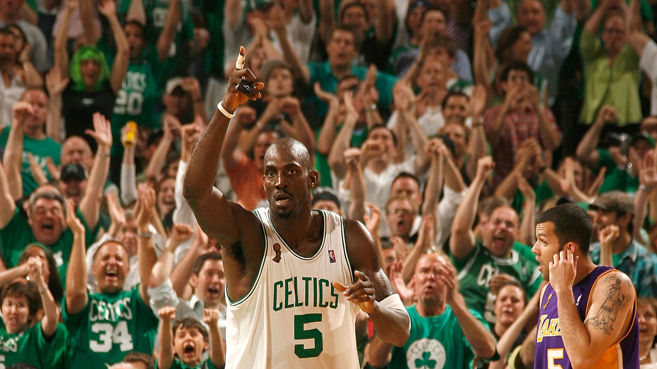 BOSTON - JUNE 17: Kevin Garnett #5 of the Boston Celtics reacts against the Los Angeles Lakers in Game Six of the 2008 NBA Finals on June 17, 2008 at the TD Banknorth Garden in Boston, Massachusetts. Mandatory Copyright: 2008 NBAE