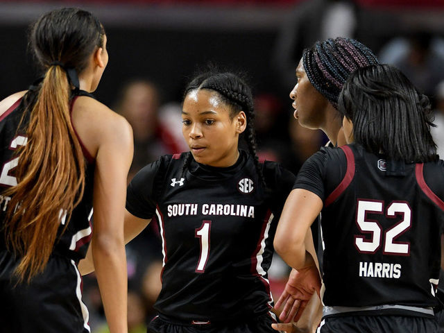 COLLEGE PARK, MD - NOVEMBER 10: Zia Cooke #1 of the South Carolina Gamecocks talks to her teammates during the game against the Maryland Terrapins at Xfinity Center on November 10, 2019 in College Park, Maryland.