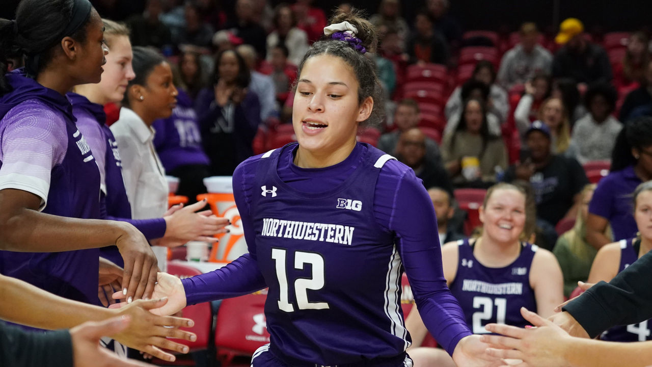 COLLEGE PARK, MD - JANUARY 26: Veronica Burton #12 of the Northwestern Wildcats is introduced before a women's college basketball game against the Maryland Terrapins at the Xfinity Center on January 26, 2020 in College Park, Maryland.