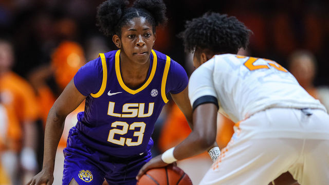 KNOXVILLE, TN - JANUARY 26: LSU Lady Tigers guard Karli Seay (23) playing defense on Tennessee Lady Vols guard Jordan Horston (25) during a game on January 26, 2020, at Thompson-Boling Arena in Knoxville, TN.