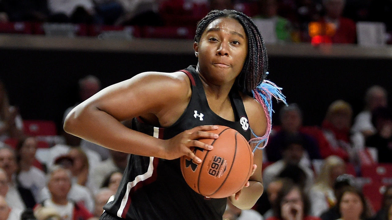 COLLEGE PARK, MD - NOVEMBER 10: Aliyah Boston #4 of the South Carolina Gamecocks handles the ball against the Maryland Terrapins at Xfinity Center on November 10, 2019 in College Park, Maryland.
