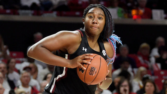 COLLEGE PARK, MD - NOVEMBER 10: Aliyah Boston #4 of the South Carolina Gamecocks handles the ball against the Maryland Terrapins at Xfinity Center on November 10, 2019 in College Park, Maryland.