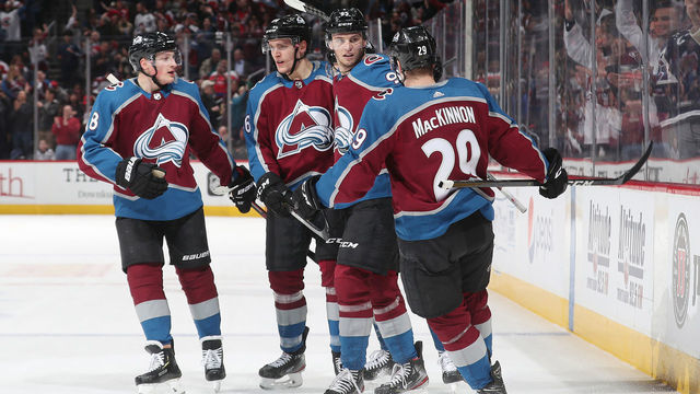 DENVER, COLORADO - FEBRUARY 13: Mikko Rantanen #96 of the Colorado Avalanche celebrates a goal against the Washington Capitals with teammates Cale Makar #8, Andre Burakovsky #95 and Nathan Mackinnon #29 at Pepsi Center on February 13, 2020 in Denver, Colorado.