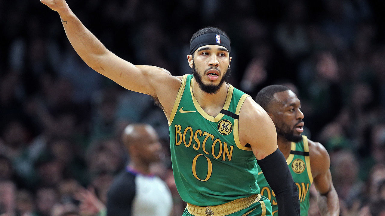 BOSTON, MA. - FEBRUARY 13: Jayson Tatum #0 of the Boston Celtics celebrates his three pointer during the first quarter of the NBA game against the LA Clippers at the TD Garden on February 13, 2020 in Boston, Massachusetts. (Staff Photo By Matt Stone/MediaNews Group/Boston Herald)