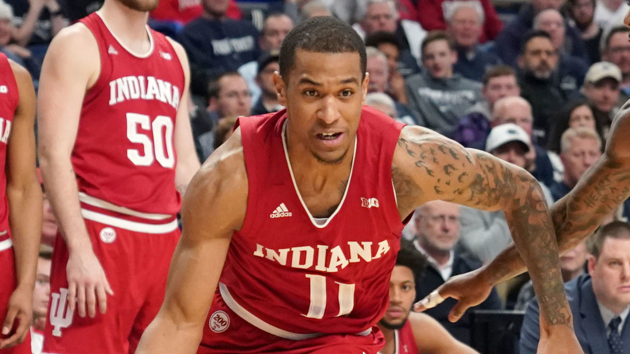 UNIVERSITY PARK, PA - JANUARY 29: Devonte Green #11 of the Indiana Hoosiers dribbles the ball during a college basketball game against the Penn State Nittany Lions at the Bryce Joyce Center on January 29, 2020 in University Park, Pennsylvania.