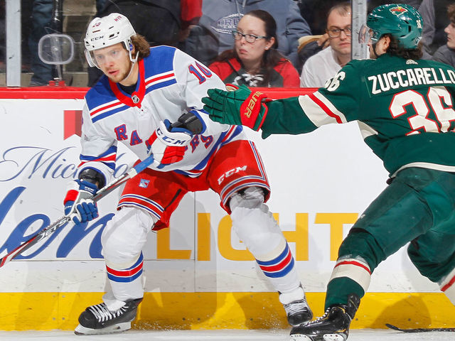 SAINT PAUL, MN - FEBRUARY 13: Mats Zuccarello #36 of the Minnesota Wild defends Artemi Panarin #10 of the New York Rangers during the game at the Xcel Energy Center on February 13, 2020 in Saint Paul, Minnesota.