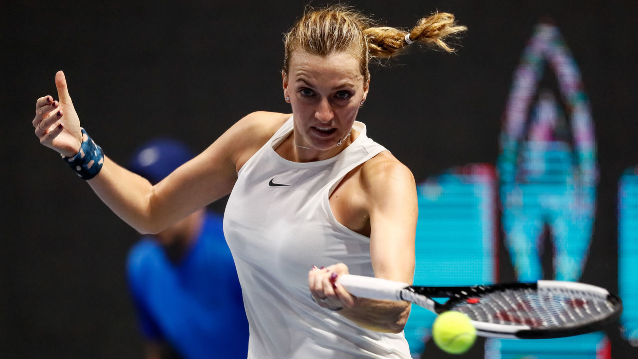Petra Kvitova of Czech Republic returns the ball to Alison Van Uytvanck of Belgium during their WTA St. Petersburg Ladies Trophy 2019 tennis tournament Round of 16 match on February 13, 2020 in Saint Petersburg, Russia.