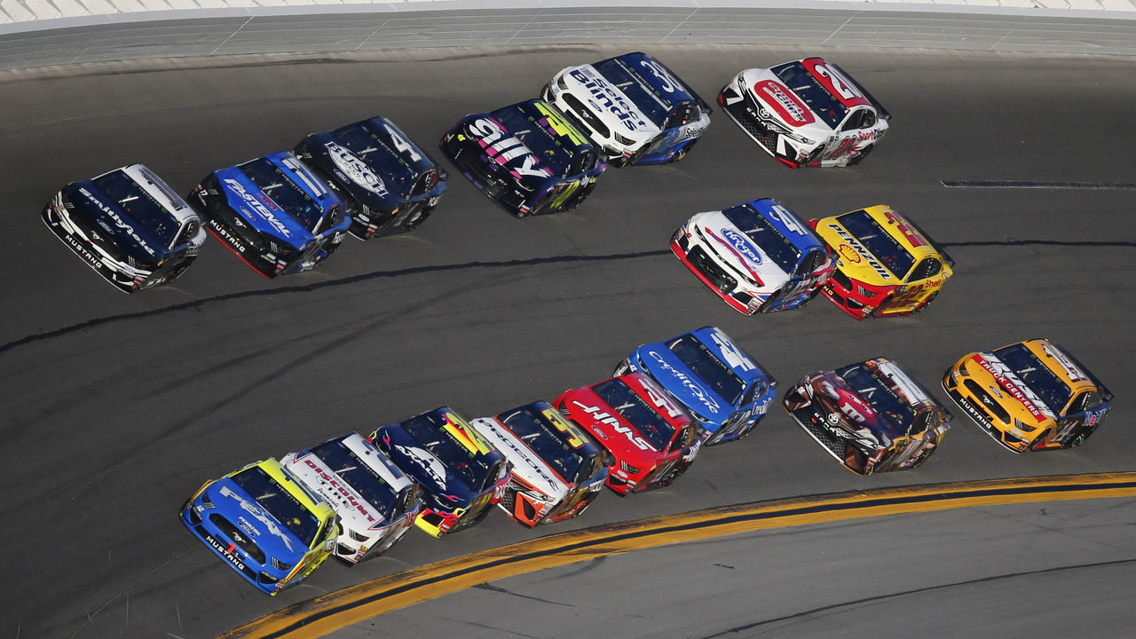 DAYTONA, FL - FEBRUARY 17: Ryan Blaney, driver of the #12 Team Penske Menards/Peak Ford Mustang, leads during the Daytona 500 on February 17, 2019 at Daytona International Speedway in Daytona Beach, Fl.