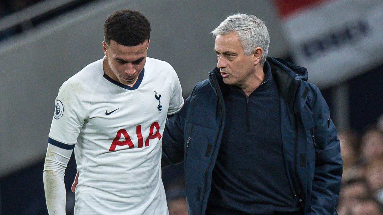 LONDON, ENGLAND - FEBRUARY 02: Dele Alli and manager Jose Mourinho of Tottenham Hotspur during the Premier League match between Tottenham Hotspur and Manchester City at Tottenham Hotspur Stadium on February 2, 2020 in London, United Kingdom.