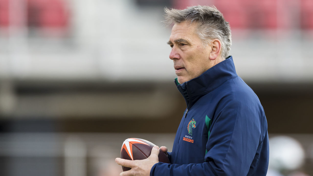 WASHINGTON, DC - FEBRUARY 08: Head coach Jim Zorn of the Seattle Dragons looks on before the XFL game against the DC Defenders at Audi Field on February 8, 2020 in Washington, DC.