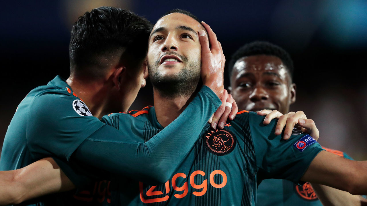 VALENCIA, SPAIN - OCTOBER 2: (L-R) Edson Alvarez of Ajax, Hakim Ziyech of Ajax celebrate goal during the UEFA Champions League match between Valencia v Ajax at the Estadio de Mestalla on October 2, 2019 in Valencia Spain