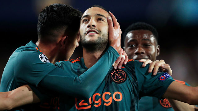 VALENCIA, SPAIN - OCTOBER 2: (L-R) Edson Alvarez of Ajax, Hakim Ziyech of Ajax celebrate goal during the UEFA Champions League match between Valencia v Ajax at the Estadio de Mestalla on October 2, 2019 in Valencia Spain