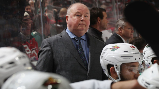NEWARK, NEW JERSEY - NOVEMBER 26: Head coach Bruce Boudreau of the Minnesota Wild handles bench duties against the New Jersey Devils at the Prudential Center on November 26, 2019 in Newark, New Jersey.