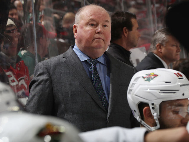 NEWARK, NEW JERSEY - NOVEMBER 26: Head coach Bruce Boudreau of the Minnesota Wild handles bench duties against the New Jersey Devils at the Prudential Center on November 26, 2019 in Newark, New Jersey.