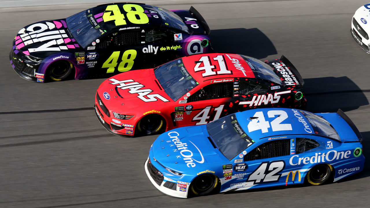 DAYTONA BEACH, FL - FEBRUARY 17: Jimmie Johnson, driver of the #48 Ally Chevrolet, leads a pack of cars during the Monster Energy NASCAR Cup Series 61st Annual Daytona 500 at Daytona International Speedway on February 17, 2019 in Daytona Beach, Florida.