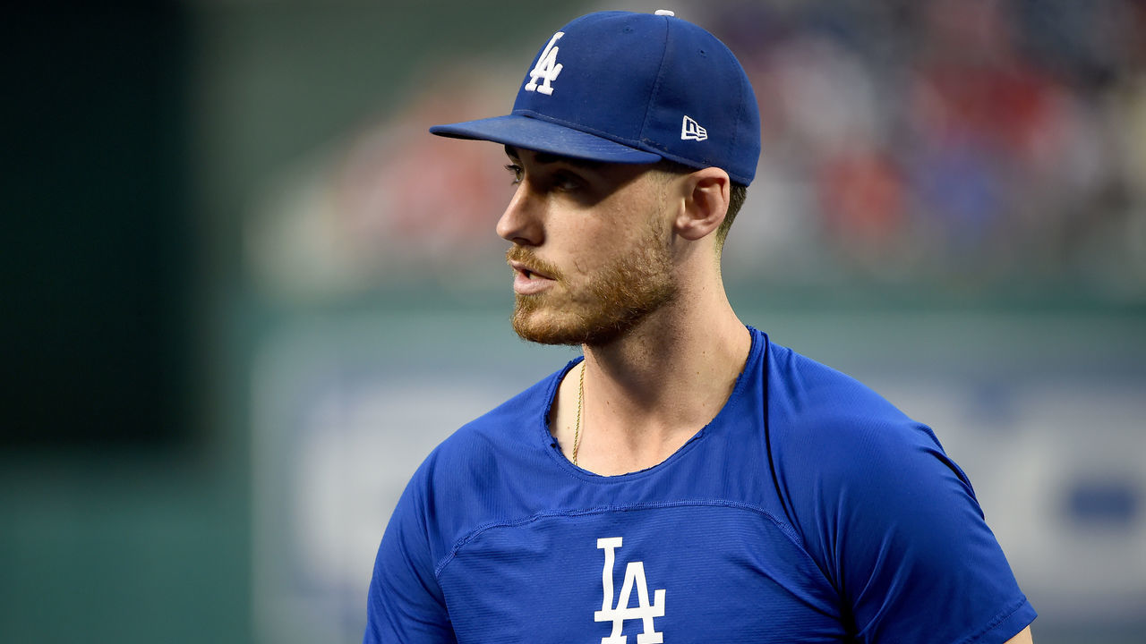 WASHINGTON, DC - OCTOBER 06: Cody Bellinger #35 of the Los Angeles Dodgers looks on during batting practice prior to game three of the National League Division Series against the Washington Nationals at Nationals Park on October 06, 2019 in Washington, DC.