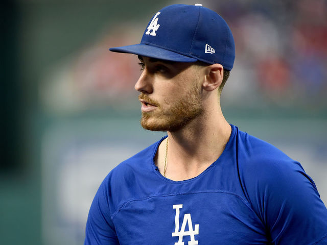 WASHINGTON, DC - OCTOBER 06: Cody Bellinger #35 of the Los Angeles Dodgers looks on during batting practice prior to game three of the National League Division Series against the Washington Nationals at Nationals Park on October 06, 2019 in Washington, DC.