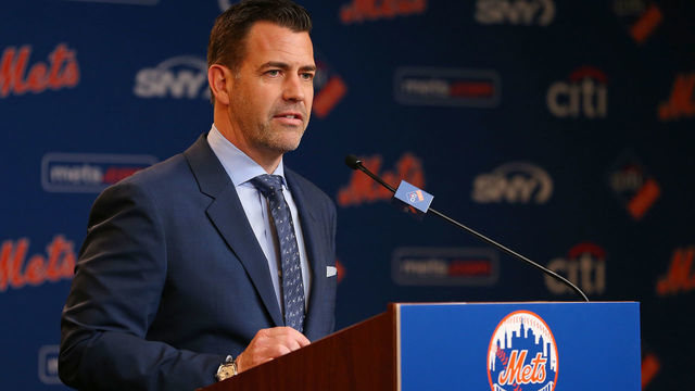 NEW YORK, NY - JANUARY 24: New York Mets General Manager Brodie Van Wagenen gets set to introduce new manager Luis Rojas to the media at Citi Field on January 24, 2020 in New York City.