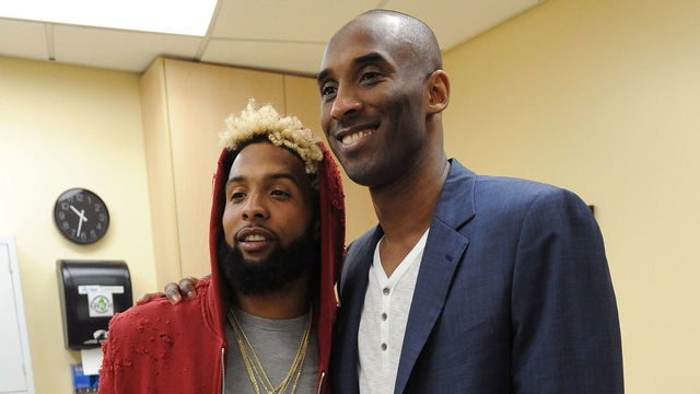 LOS ANGELES, CA - MARCH 25: New York Giant, O'Dell Beckham Jr. poses for a photo with Kobe Bryant #24 of the Los Angeles Lakers after the game against the Denver Nuggets on March 25, 2016 at STAPLES Center in Los Angeles, California. NOTE TO USER: User expressly acknowledges and agrees that, by downloading and/or using this Photograph, user is consenting to the terms and conditions of the Getty Images License Agreement. Mandatory Copyright Notice: Copyright 2016 NBAE