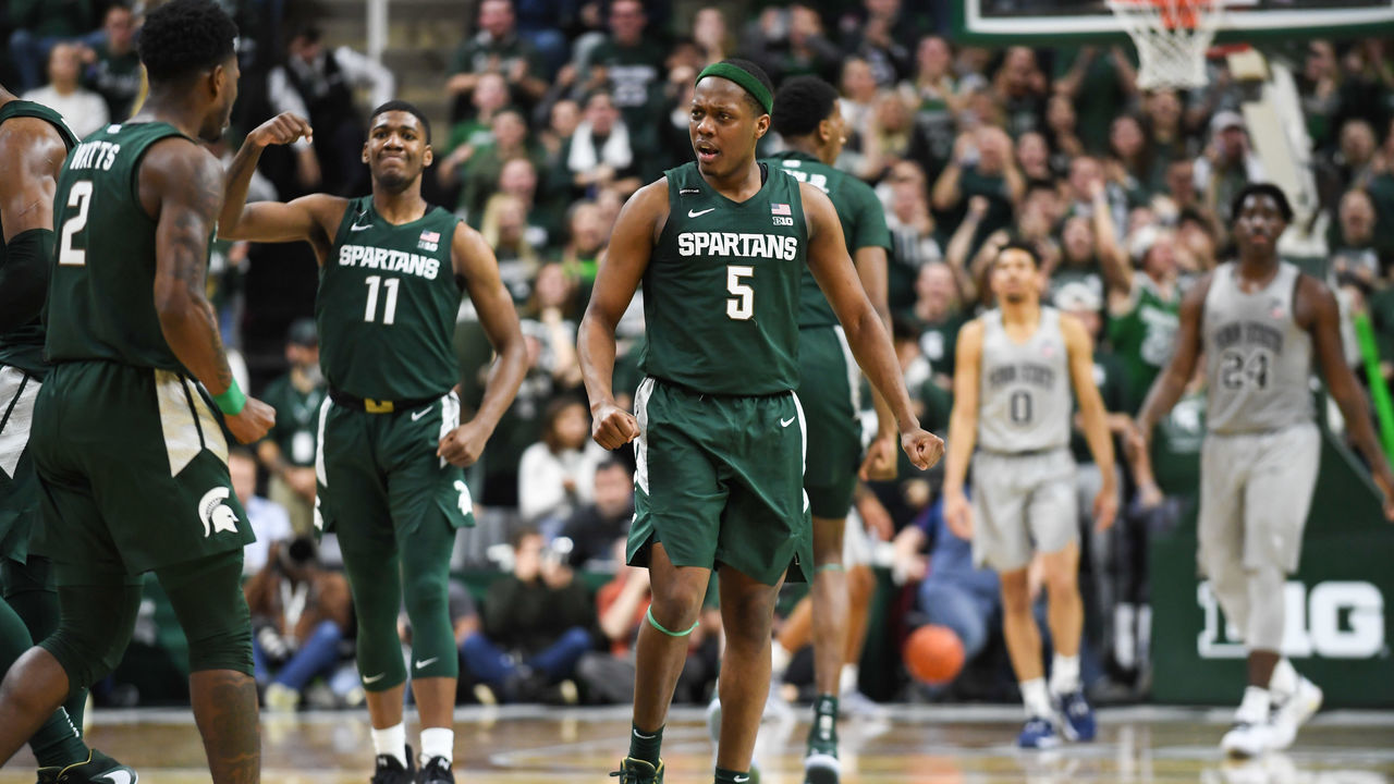 EAST LANSING, MI - FEBRUARY 04: Michigan State guard Cassius Winston (5) reacts to a made three-point basket during a Big Ten Conference college basketball game between the Michigan State Spartans and Penn State Nittany Lions on February 4, 2020 at the Breslin Center in East Lansing, MI.