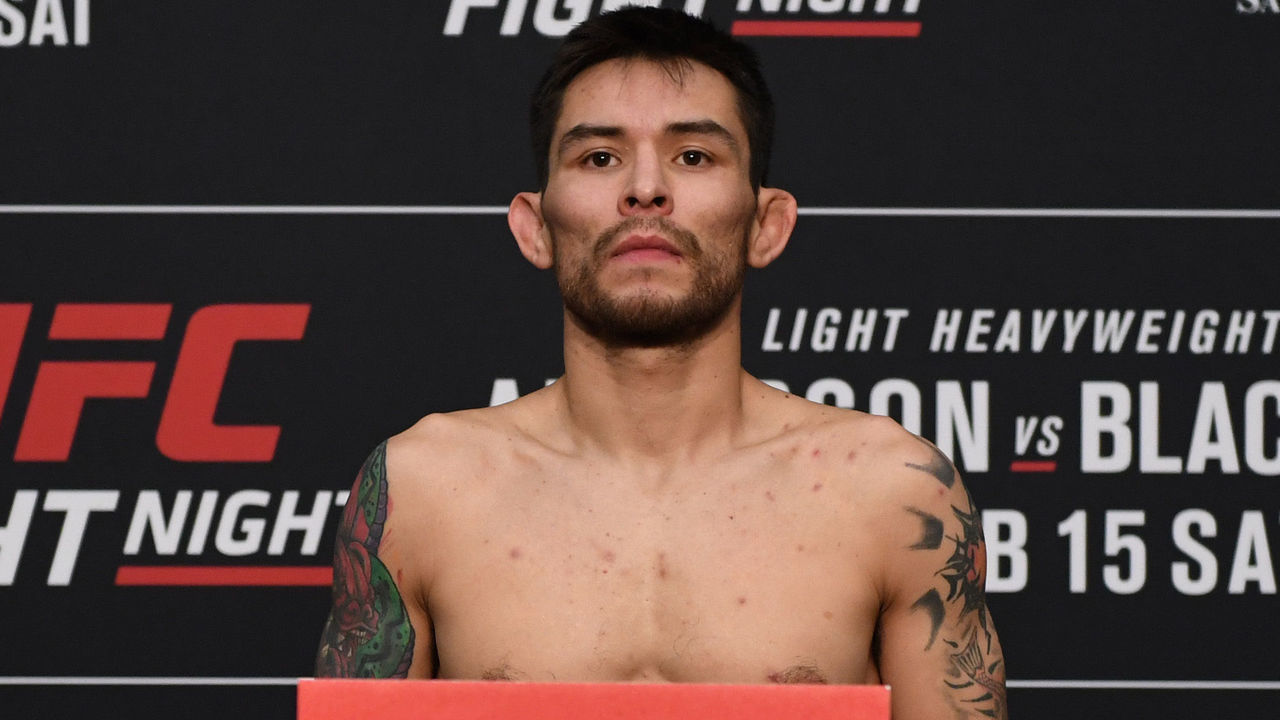 ALBUQUERQUE, NEW MEXICO - FEBRUARY 14: Ray Borg poses on the scale during the official UFC weigh-in at the Albuquerque Marriott Pyramid North on February 14, 2020 in Albuquerque, New Mexico.