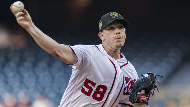 WASHINGTON, DC - MAY 19: Jeremy Hellickson #58 of the Washington Nationals pitches against the Chicago Cubs during the first inning at Nationals Park on May 19, 2019 in Washington, DC.