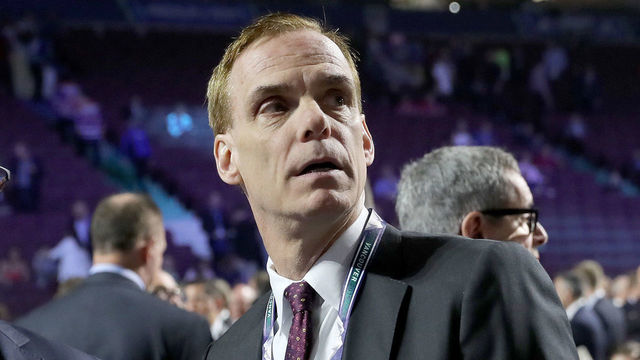 VANCOUVER, BRITISH COLUMBIA - JUNE 21: (L-R) Keith Gretzky and Scott Howson of the Edmonton Oilers attend the first round of the 2019 NHL Draft at Rogers Arena on June 21, 2019 in Vancouver, Canada.
