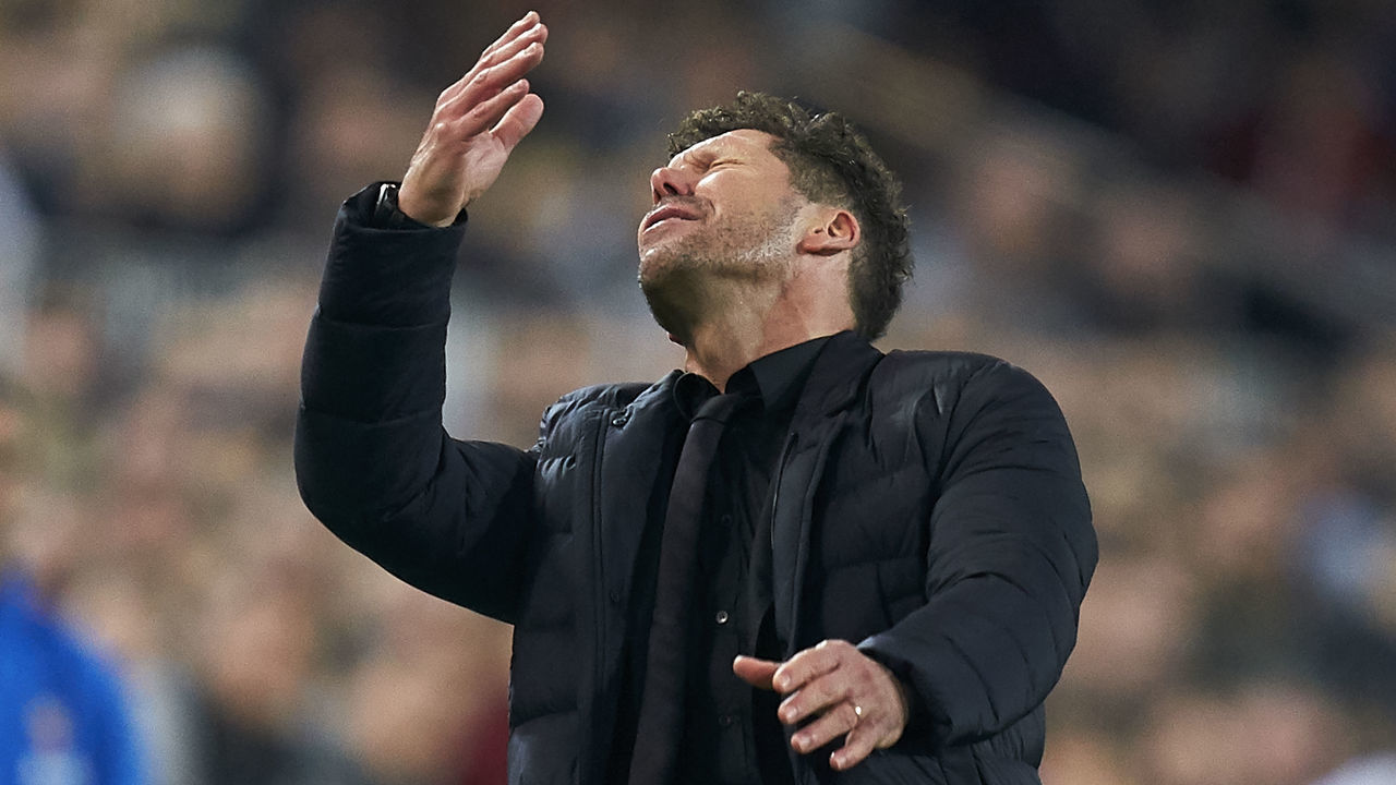 VALENCIA, SPAIN - FEBRUARY 14: Diego Pablo Simeone, Manager of Atletico de Madrid reacts during the La Liga match between Valencia CF and Club Atletico de Madrid at Estadio Mestalla on February 14, 2020 in Valencia, Spain.
