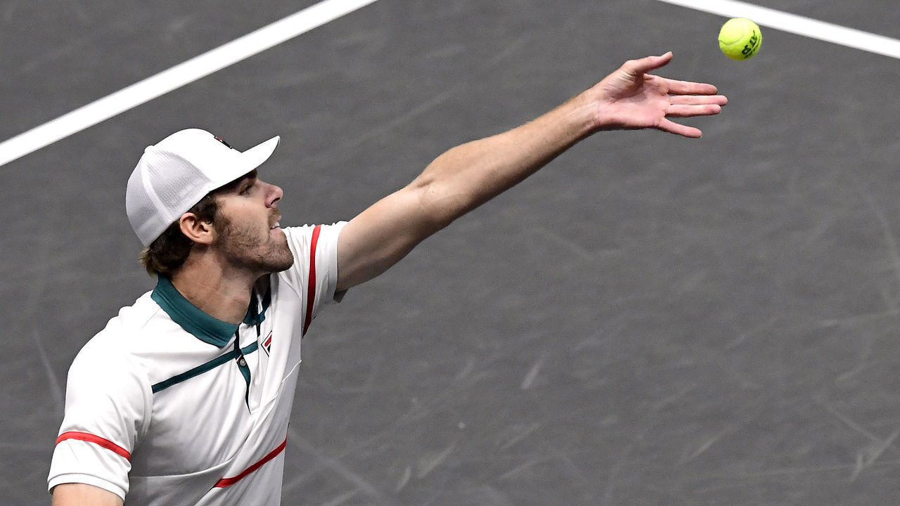UNIONDALE, NEW YORK - FEBRUARY 14: Reilly Opelka of the United States serves the ball during his Men's Singles quarterfinal match against Jason Jung of Taiwan on day five of the 2020 NY Open at Nassau Veterans Memorial Coliseum on February 14, 2020 in Uniondale, New York.