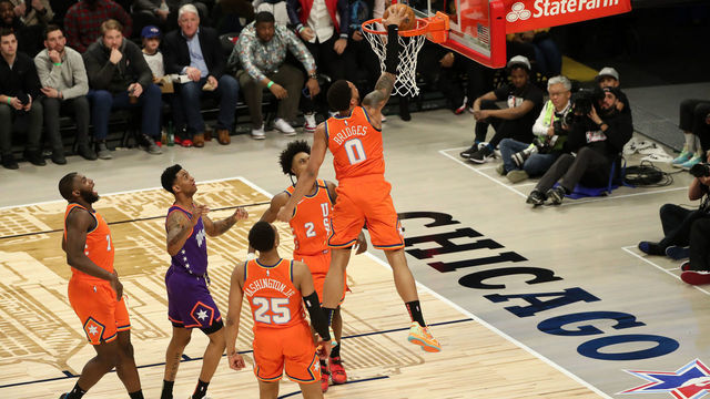 CHICAGO, IL - FEBRUARY 14: Miles Bridges #0 of Team USA dunks the ball against Team World during the 2020 NBA All-Star Rising Stars Game on February 14, 2020 at the United Center in Chicago, Illinois. Mandatory Copyright Notice: Copyright 2020 NBAE