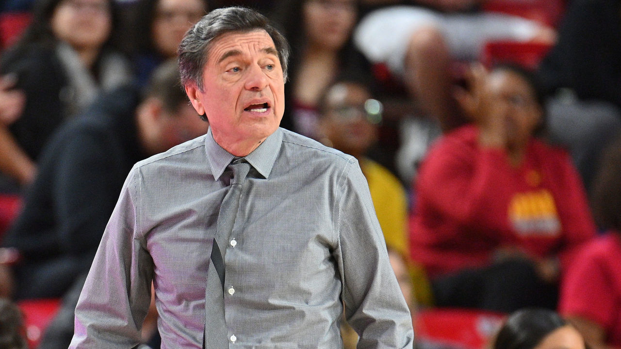 TEMPE, ARIZONA - JANUARY 31: Head coach Mark Trakh of the USC Trojans looks on during his team's game against the Arizona State Sun Devils at Desert Financial Arena on January 31, 2020 in Tempe, Arizona. The Sun Devils defeated the Trojans 76-75 in 3OT.