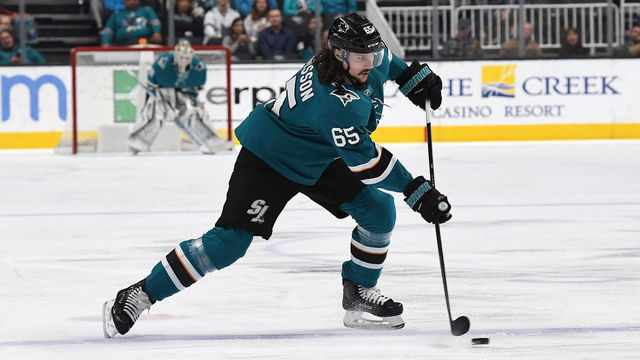 SAN JOSE, CALIFORNIA - FEBRUARY 10: Erik Karlsson #65 of the San Jose Sharks shoots on goal against the Calgary Flames during the second period of an NHL hockey game at SAP Center on February 10, 2020 in San Jose, California.