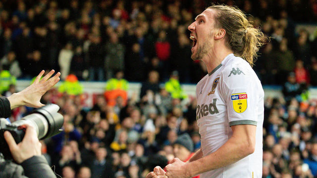 LEEDS, ENGLAND - FEBRUARY 15: Leeds United's Luke Ayling celebrates scoring the opening goal during the Sky Bet Championship match between Leeds United and Bristol City at Elland Road on February 15, 2020 in Leeds, England.