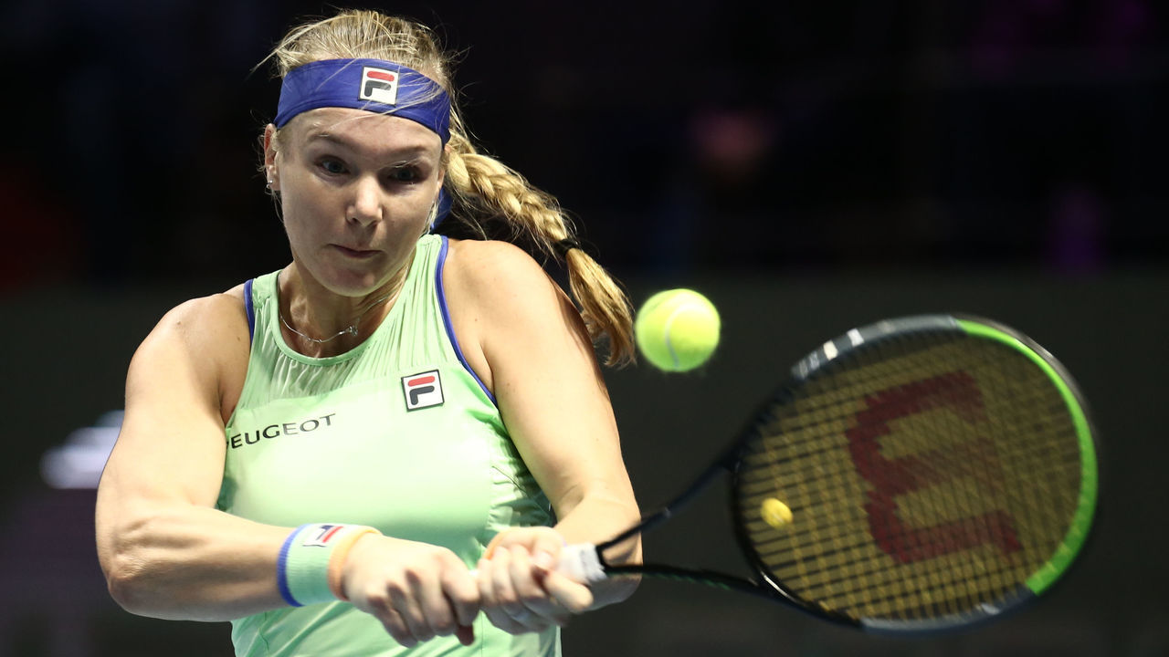 SAINT-PETERSBURG, RUSSIA - 2020/02/14: Kiki Bertens of Netherlands in action against Anastasia Potapova of Russia during the St.Petersburg Ladies Trophy 2020 tennis tournament at Sibur Arena. Final score (Kiki Bertens 2-0 Anastasia Potapova).