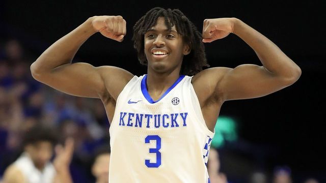 LEXINGTON, KENTUCKY - FEBRUARY 15: Tyrese Maxey #3 of the Kentucky Wildcats celebrates after a basket in the game against the Ole Miss Rebels at Rupp Arena on February 15, 2020 in Lexington, Kentucky.