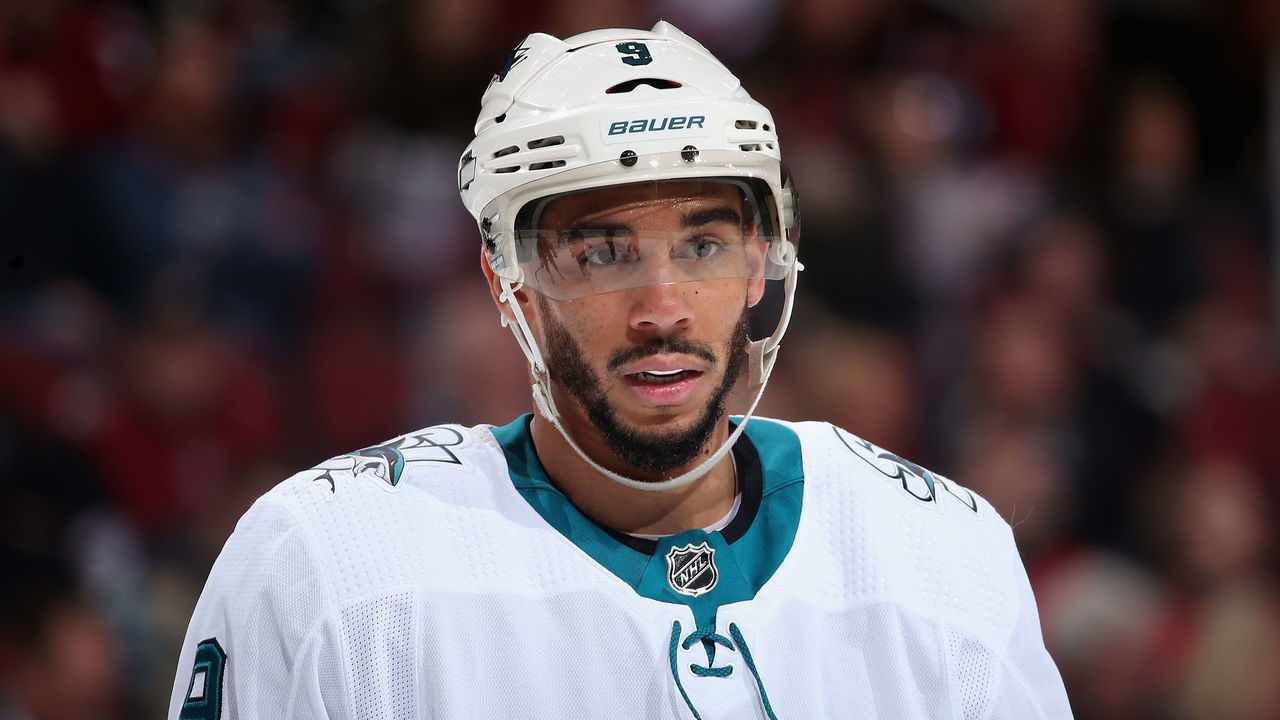 GLENDALE, ARIZONA - JANUARY 14: Evander Kane #9 of the San Jose Sharks during the third period of the NHL game against the Arizona Coyotes at Gila River Arena on January 14, 2020 in Glendale, Arizona. The Coyotes defeated the Sharks 6-3.