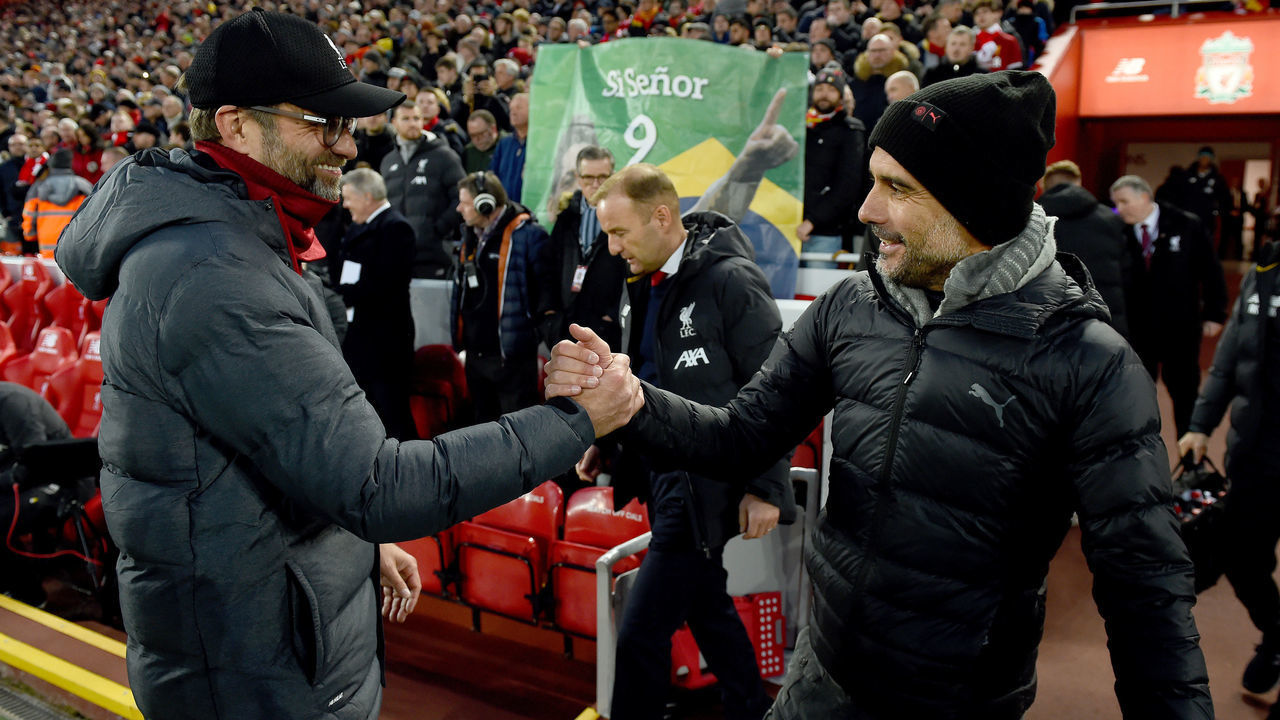 LIVERPOOL, ENGLAND - NOVEMBER 10: (THE SUN ON OUT, THE SUN ON SUNDAY OUT) Jurgen Klopp of Liverpool with pep guardiola of Manchester City during the Premier League match between Liverpool FC and Manchester City at Anfield on November 10, 2019 in Liverpool, United Kingdom.