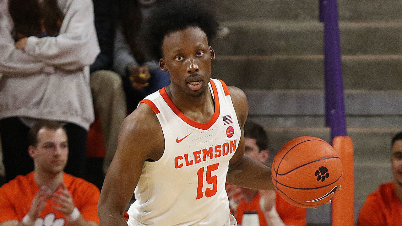 CLEMSON, SC - FEBRUARY 09: John Newman III (15) guard of Clemson during a college basketball game between the Notre Dame Fighting Irish and the Clemson Tigers on February 9, 2020, at Littlejohn Coliseum in Clemson, S.C.