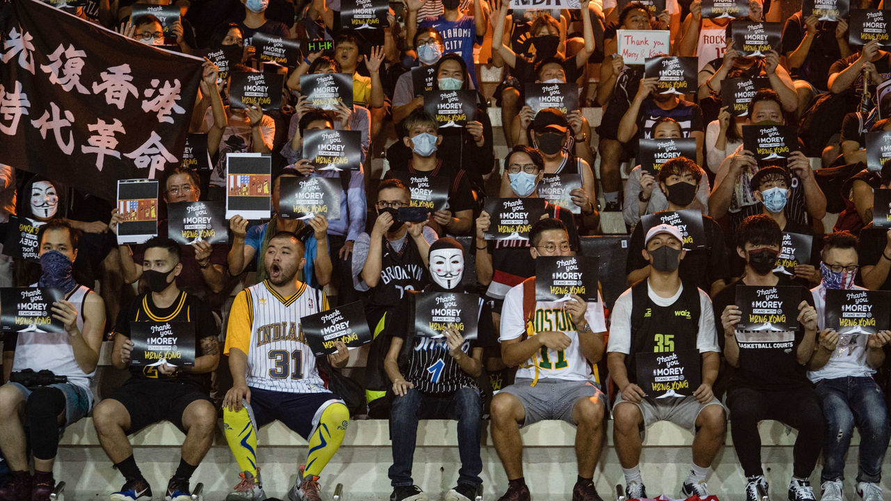 WAN CHAI, HONG KONG - 2019/10/15: Protesters holding placards during the demonstration. Hundreds of protesters gathered to express their anger about Lebron James's tweet and to show support to the General Manager of the Houston Rockets, Daryl Morey, and Adam Silver, Commissioner of the NBA, for defending freedom as a core value in NBA.