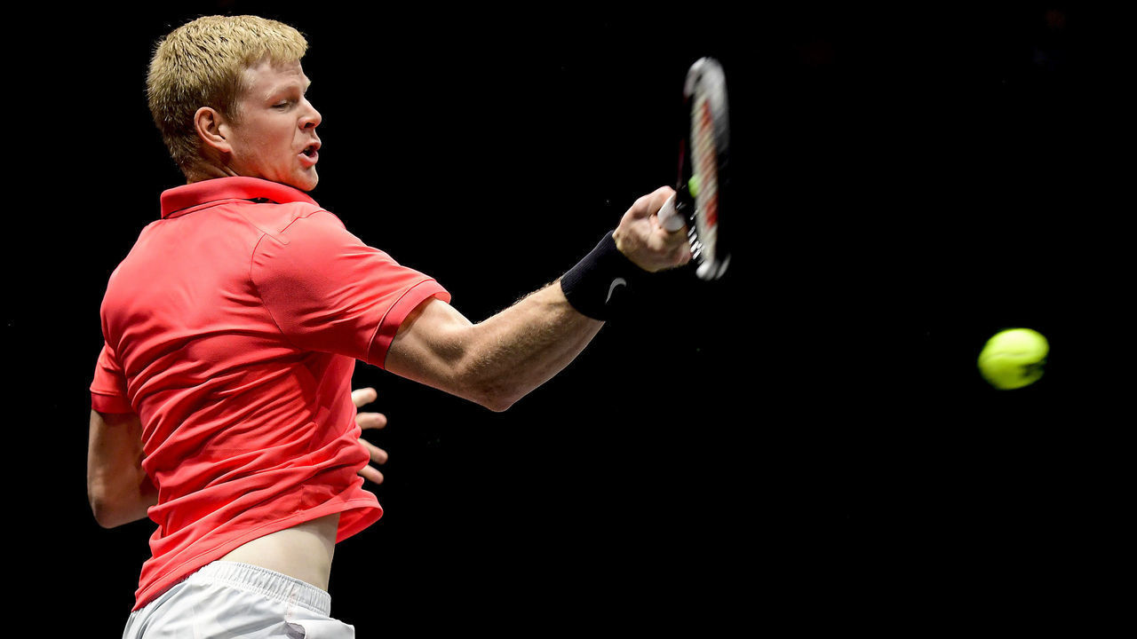 UNIONDALE, NEW YORK - FEBRUARY 15: Kyle Edmund of Great Britain hits a forehand during his Men's Singles semifinal match against Miomir Kecmanovic of Serbia on day six of the 2020 NY Open at Nassau Veterans Memorial Coliseum on February 15, 2020 in Uniondale, New York.