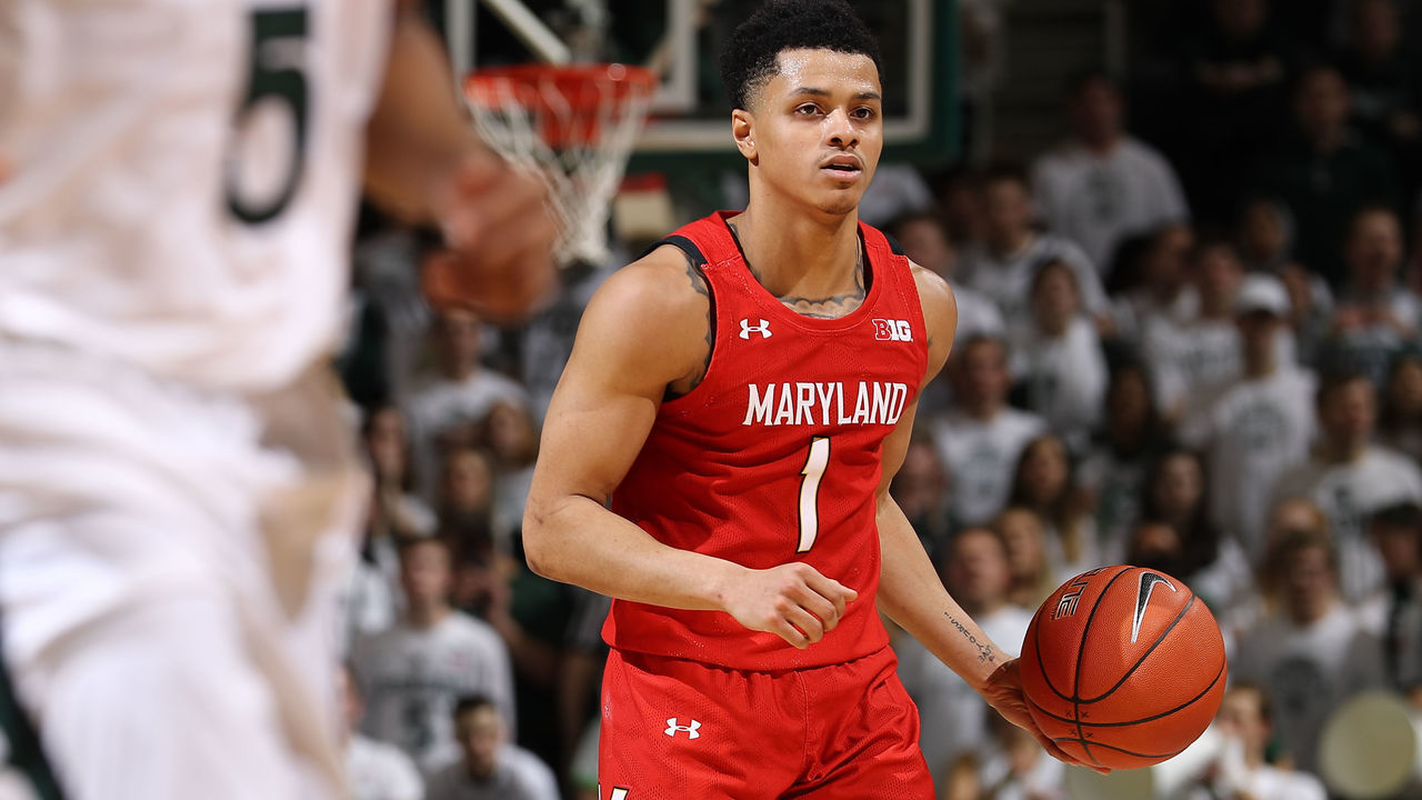 EAST LANSING, MI - FEBRUARY 15: Anthony Cowan Jr. #1 of the Maryland Terrapins handles the ball own the second half of the game against the Michigan State Spartans at the Breslin Center on February 15, 2020 in East Lansing, Michigan.