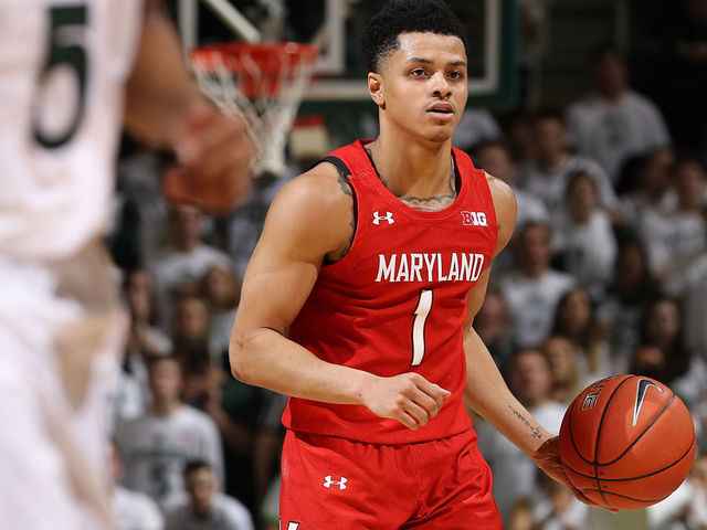 EAST LANSING, MI - FEBRUARY 15: Anthony Cowan Jr. #1 of the Maryland Terrapins handles the ball own the second half of the game against the Michigan State Spartans at the Breslin Center on February 15, 2020 in East Lansing, Michigan.