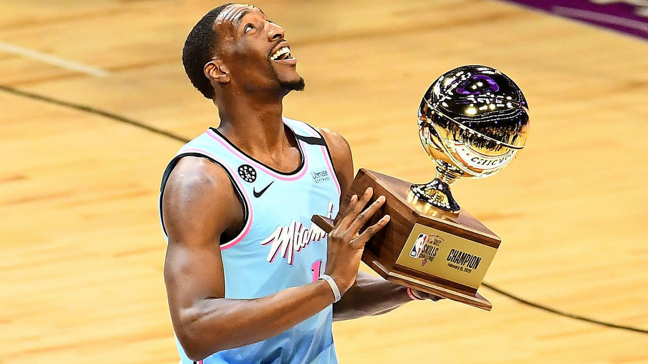 CHICAGO, ILLINOIS - FEBRUARY 15: Bam Adebayo #13 of the Miami Heat celebrates with the trip after winning the 2020 NBA All-Star - Taco Bell Skills Challenge during State Farm All-Star Saturday Night at the United Center on February 15, 2020 in Chicago, Illinois.