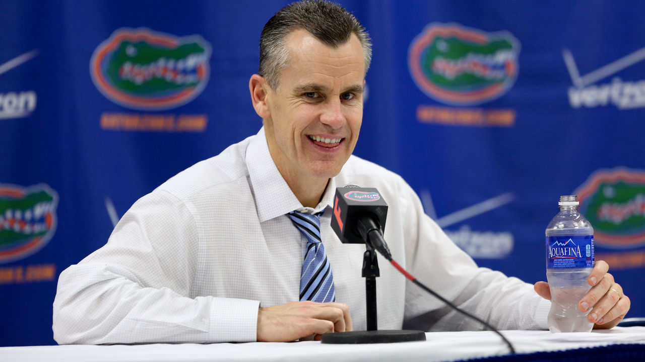 GAINESVILLE, FL - FEBRUARY 28: Head coach Billy Donovan of the Florida Gators speaks at a press conference after the game against the Tennessee Volunteers at the Stephen C. O'Connell Center on February 28, 2015 in Gainesville, Florida. The win was Billy Donovan's 500th career victory.