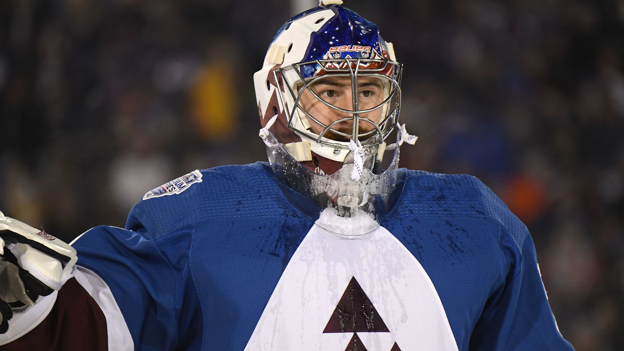 COLORADO SPRINGS, COLORADO - FEBRUARY 15: Goaltender Philipp Grubauer #31 of the Colorado Avalanche looks on from his net during the first period of the 2020 NHL Stadium Series game between the Los Angeles Kings and the Colorado Avalanche at Falcon Stadium on February 15, 2020 in Colorado Springs, Colorado.