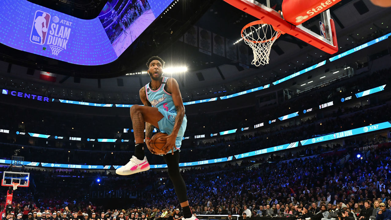 CHICAGO, IL - FEBRUARY 15: Derrick Jones Jr. #5 of the Miami Heat participates in the 2020 NBA All-Star - AT&T Slam Dunk on February 15, 2020 at the United Center in Chicago, Illinois. Mandatory Copyright Notice: Copyright 2020 NBAE